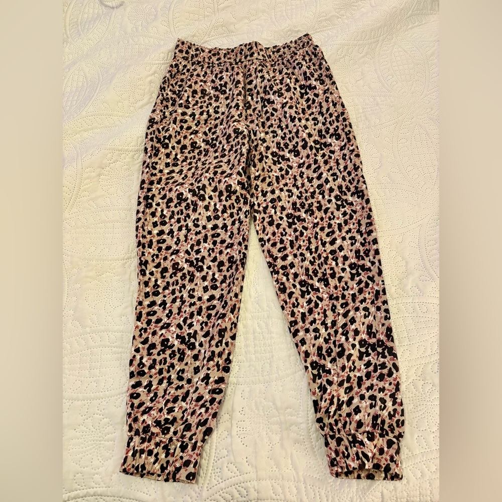 ZARA Leopard Print Jogger Pants Cream Black Rust Elastic Waist Pockets Small